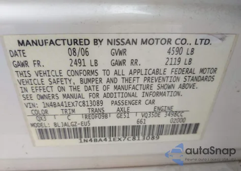 2007 Nissan Maxima 3.5 Sl из США, поврежденный, VIN 1N4BA41EX7C813089